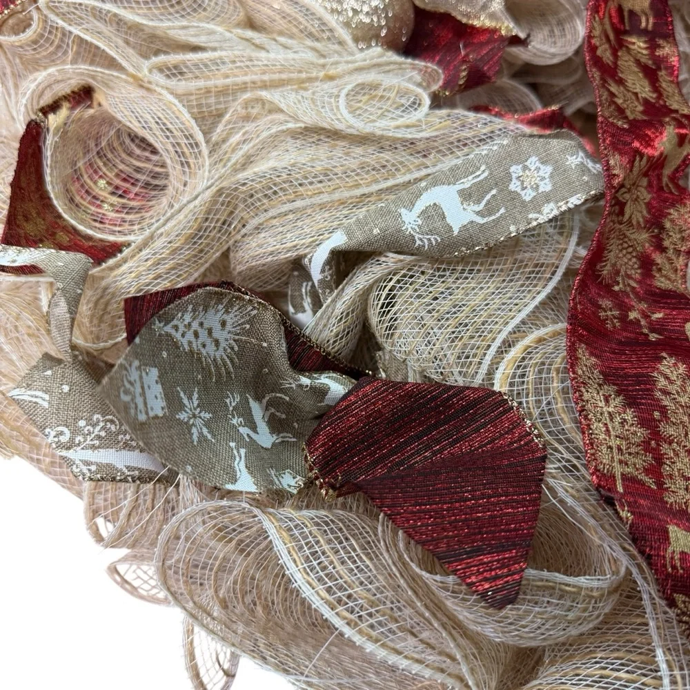 Handmade Rustic Reindeer Deco Mesh Wreath Cream, Red & Gold Holiday Decor 22